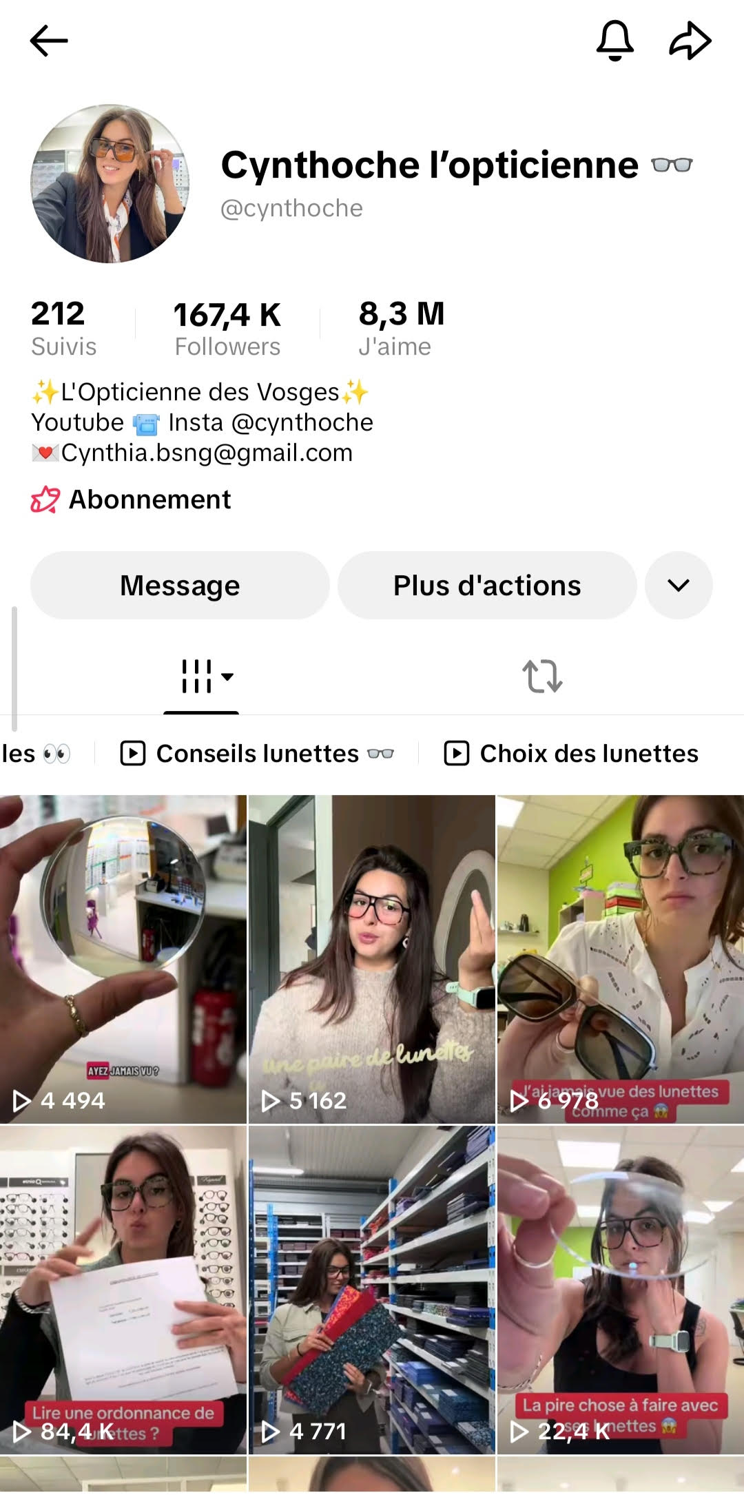 Profil TikTok Cynthoche l'opticienne